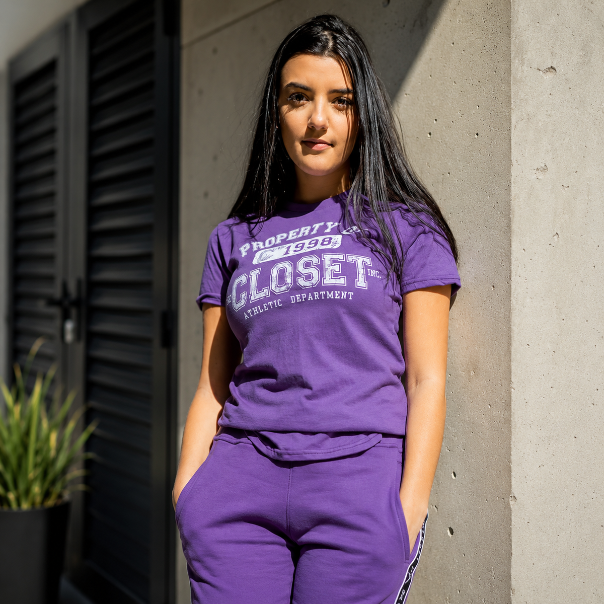 Womens The Closet Inc. T-Shirt - Orchid "PROPERTY OF" -White